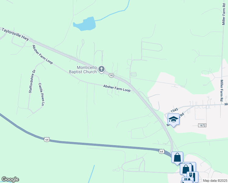 map of restaurants, bars, coffee shops, grocery stores, and more near 141 Absher Farm Loop in Statesville