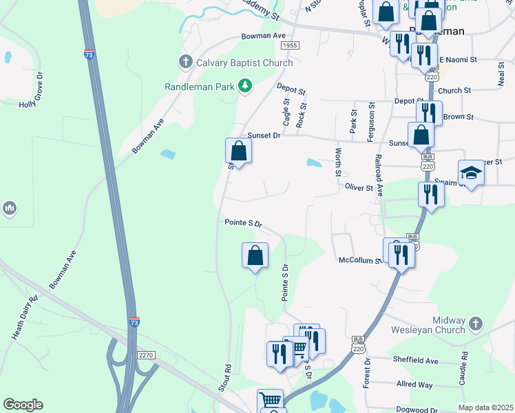 map of restaurants, bars, coffee shops, grocery stores, and more near 605 Booker T Womble Road in Randleman