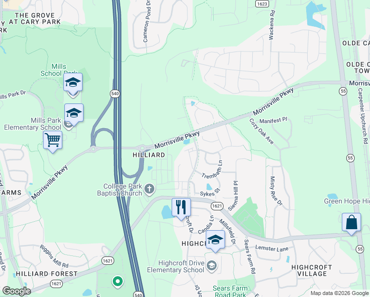 map of restaurants, bars, coffee shops, grocery stores, and more near 5405 Cambridgeshire Loop in Cary