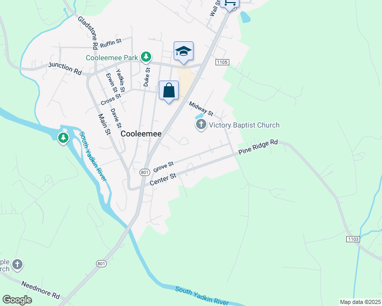 map of restaurants, bars, coffee shops, grocery stores, and more near 201 Grove Street in Cooleemee