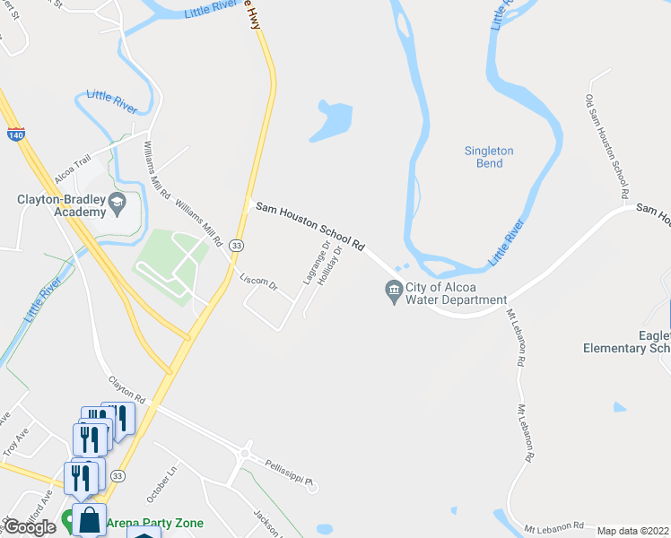 map of restaurants, bars, coffee shops, grocery stores, and more near 117 Holliday Drive in Maryville