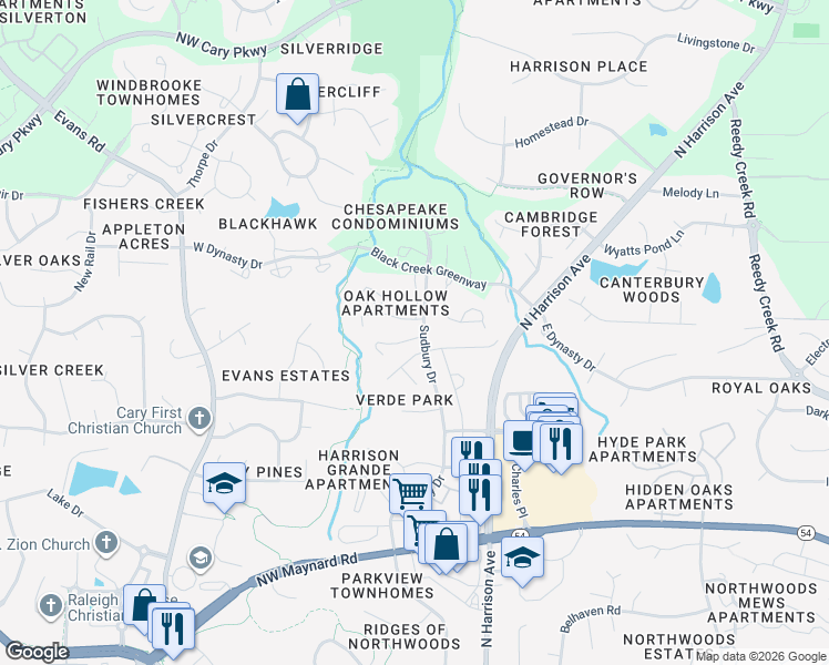 map of restaurants, bars, coffee shops, grocery stores, and more near 100 Collier Place in Cary