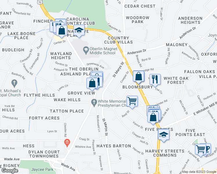 map of restaurants, bars, coffee shops, grocery stores, and more near 2506 Fairview Road in Raleigh