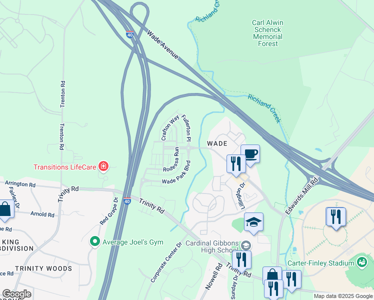 map of restaurants, bars, coffee shops, grocery stores, and more near 1431 Van Page Boulevard in Raleigh