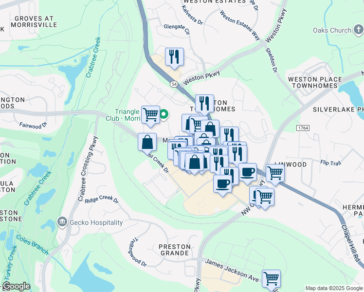 map of restaurants, bars, coffee shops, grocery stores, and more near 1005 Morrisville Parkway in Morrisville