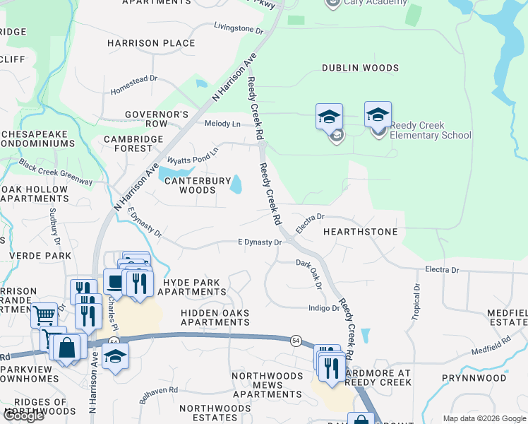 map of restaurants, bars, coffee shops, grocery stores, and more near 909 Reedy Creek Road in Cary