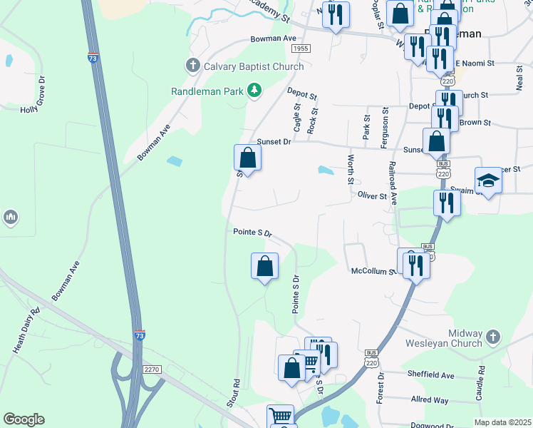 map of restaurants, bars, coffee shops, grocery stores, and more near 605 Booker T Womble Road in Randleman