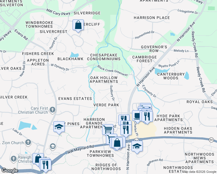 map of restaurants, bars, coffee shops, grocery stores, and more near 100 Kempwood Drive in Cary