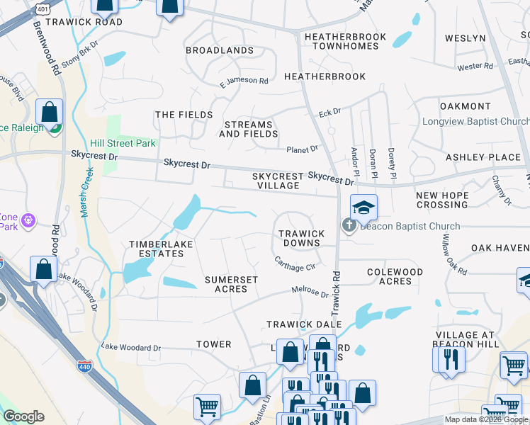 map of restaurants, bars, coffee shops, grocery stores, and more near 2216 Dobbin Place in Raleigh