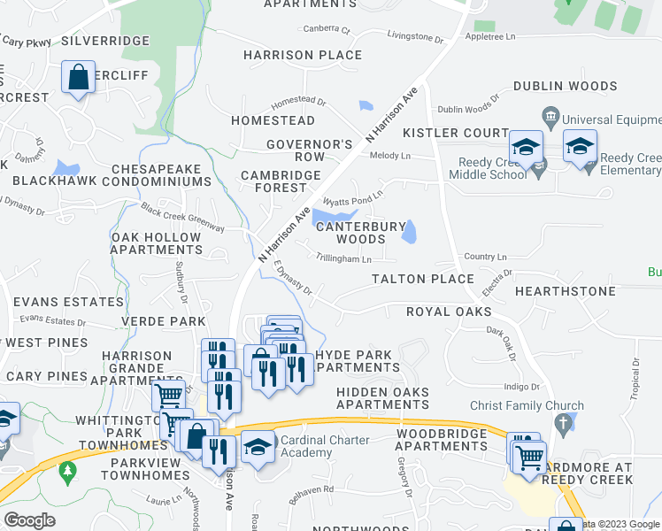 map of restaurants, bars, coffee shops, grocery stores, and more near 216 Trillingham Lane in Cary