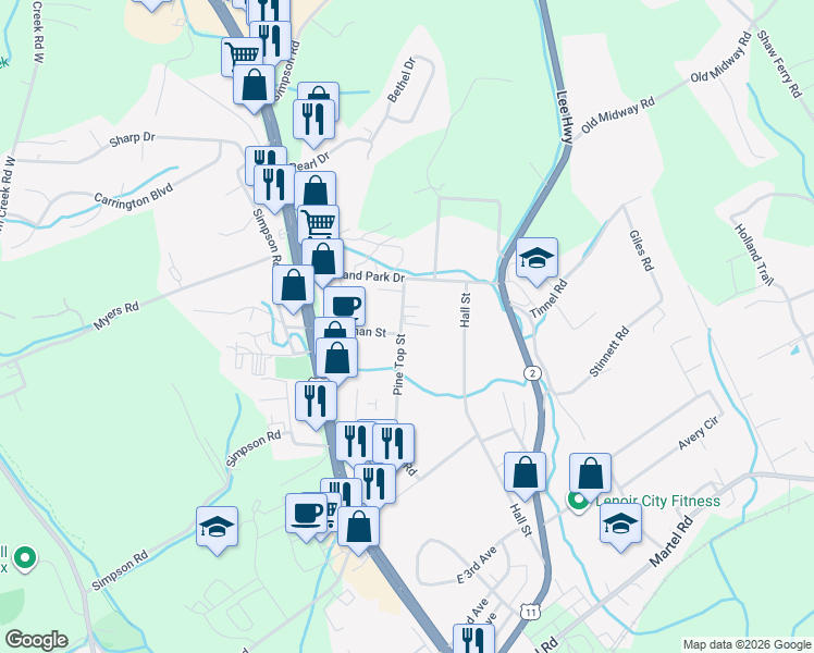 map of restaurants, bars, coffee shops, grocery stores, and more near 1303 Pine Top Road in Lenoir City
