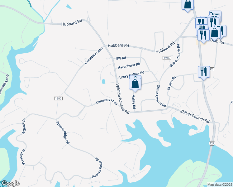 map of restaurants, bars, coffee shops, grocery stores, and more near 529 Wildlife Access Road in Hickory