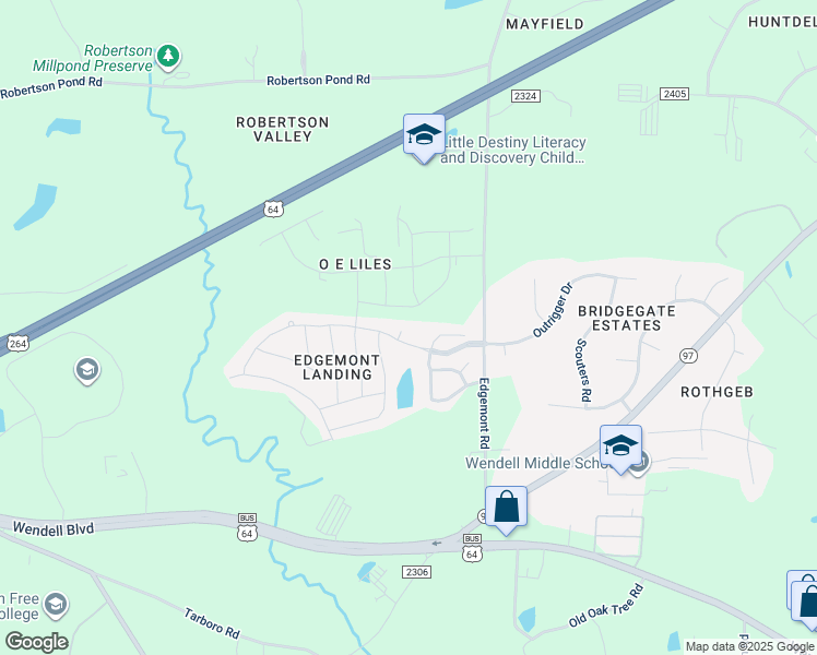 map of restaurants, bars, coffee shops, grocery stores, and more near 6008 Winged Willet Court in Wendell