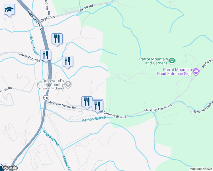 map of restaurants, bars, coffee shops, grocery stores, and more near 2205 Applewood Road in Sevierville