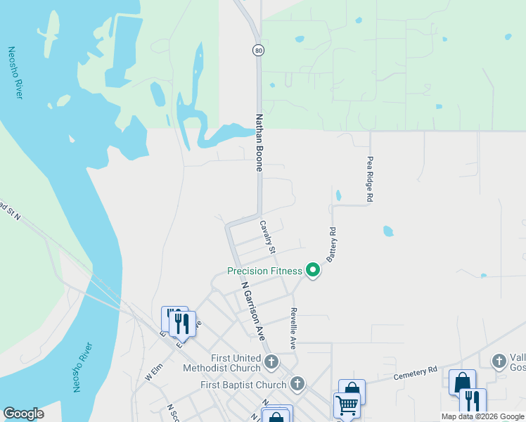 map of restaurants, bars, coffee shops, grocery stores, and more near 603 East Coppinger Avenue in Fort Gibson