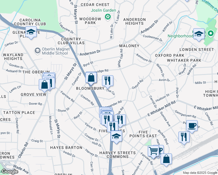 map of restaurants, bars, coffee shops, grocery stores, and more near 2254 The Circle in Raleigh