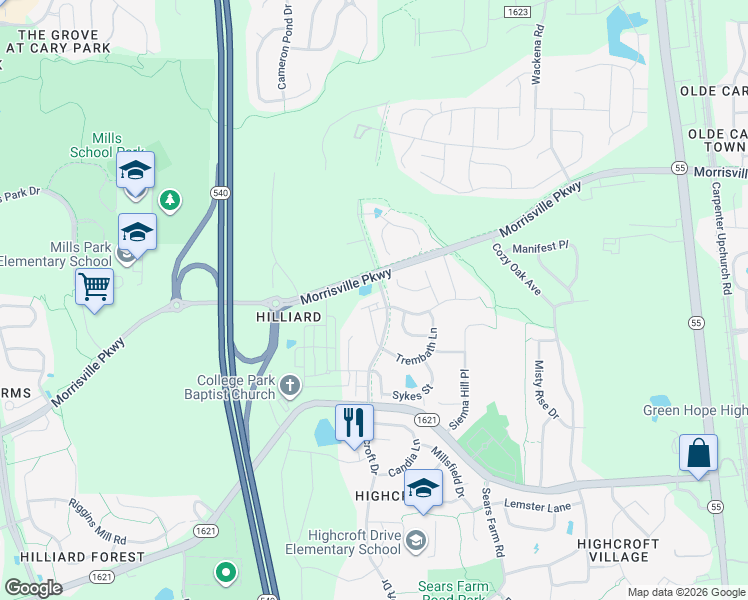 map of restaurants, bars, coffee shops, grocery stores, and more near 5405 Cambridgeshire Loop in Cary