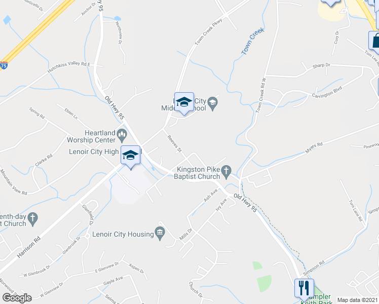 map of restaurants, bars, coffee shops, grocery stores, and more near 52 Kirk Avenue in Lenoir City