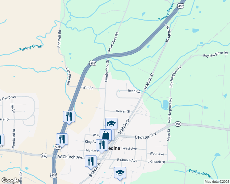 map of restaurants, bars, coffee shops, grocery stores, and more near 239 Reed Circle in Medina