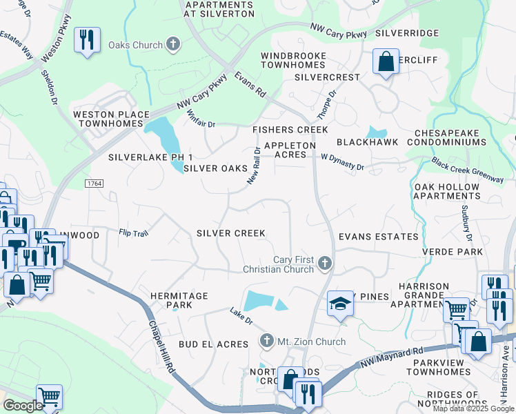 map of restaurants, bars, coffee shops, grocery stores, and more near 301 Banyon Tree Lane in Cary