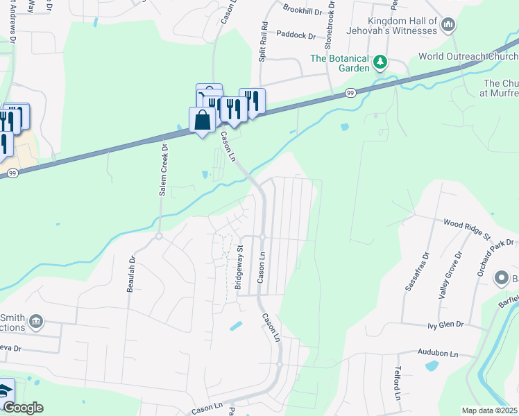 map of restaurants, bars, coffee shops, grocery stores, and more near 2124 Cason Lane in Murfreesboro