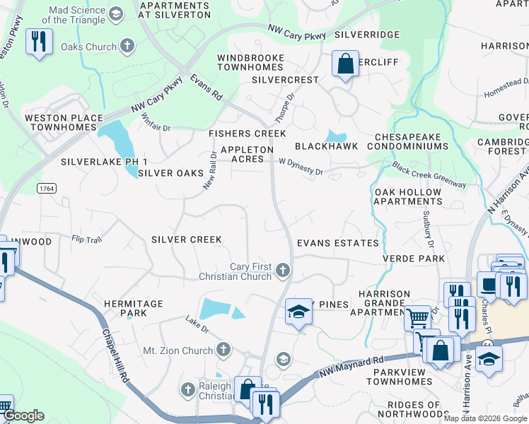 map of restaurants, bars, coffee shops, grocery stores, and more near 1135 Evans Road in Cary