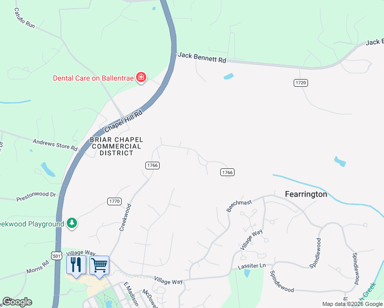 map of restaurants, bars, coffee shops, grocery stores, and more near 120 Creekwood in Pittsboro
