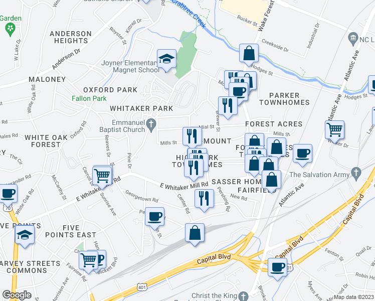 map of restaurants, bars, coffee shops, grocery stores, and more near 521 Ledbetter Court in Raleigh
