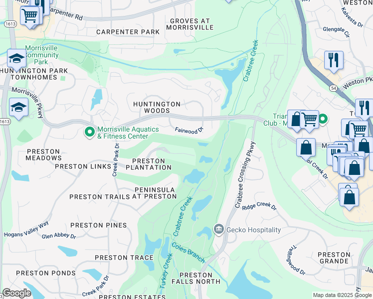map of restaurants, bars, coffee shops, grocery stores, and more near 609 Hogans Valley Way in Cary