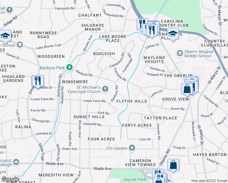 map of restaurants, bars, coffee shops, grocery stores, and more near 2100 Banbury Road in Raleigh