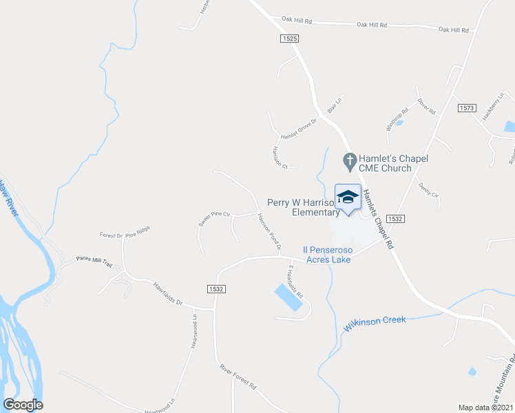 map of restaurants, bars, coffee shops, grocery stores, and more near Harrison Pond Drive in Pittsboro