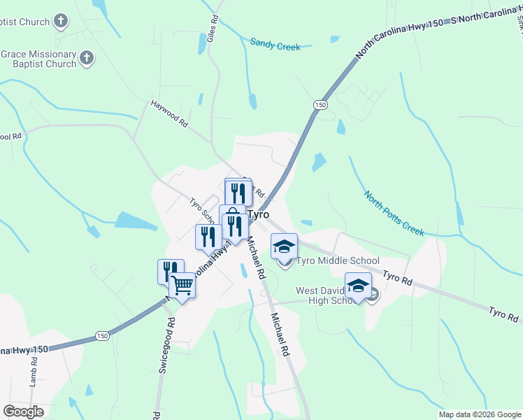 map of restaurants, bars, coffee shops, grocery stores, and more near North Carolina Highway 150 in Lexington