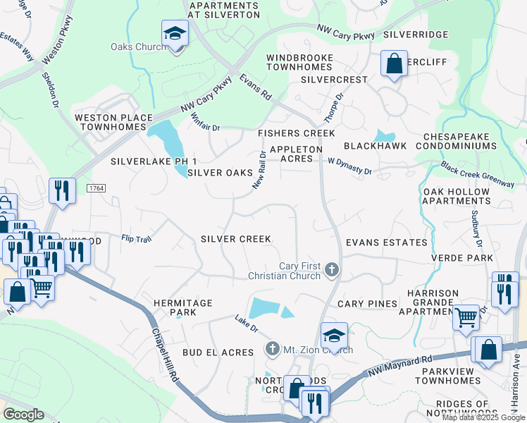 map of restaurants, bars, coffee shops, grocery stores, and more near 301 Banyon Tree Lane in Cary