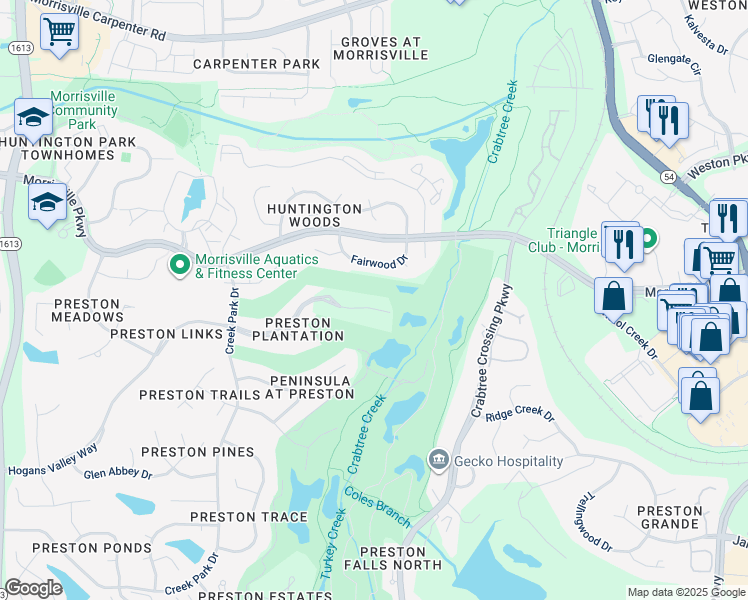 map of restaurants, bars, coffee shops, grocery stores, and more near 609 Hogans Valley Way in Cary