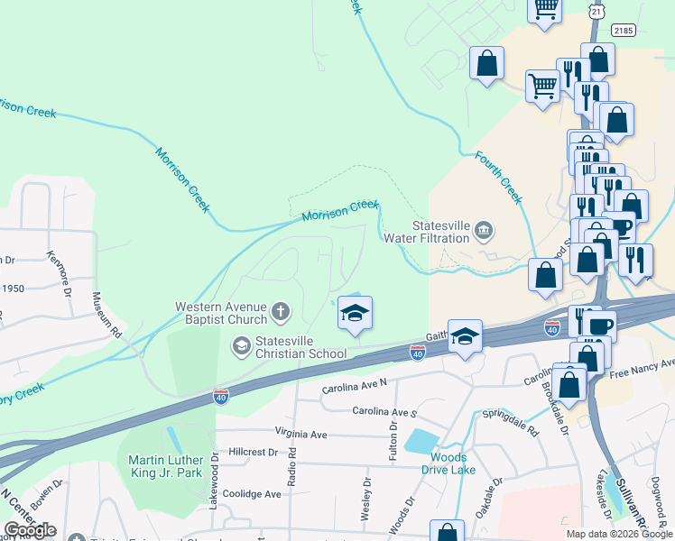 map of restaurants, bars, coffee shops, grocery stores, and more near 1327 Radio Road in Statesville
