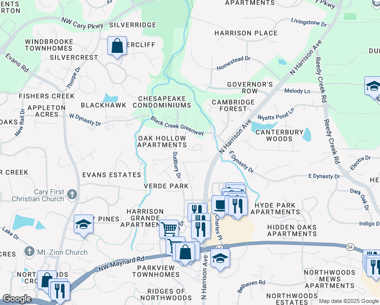 map of restaurants, bars, coffee shops, grocery stores, and more near 108 Northington Place in Cary