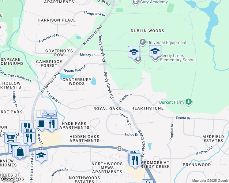 map of restaurants, bars, coffee shops, grocery stores, and more near 113 Angora Court in Cary