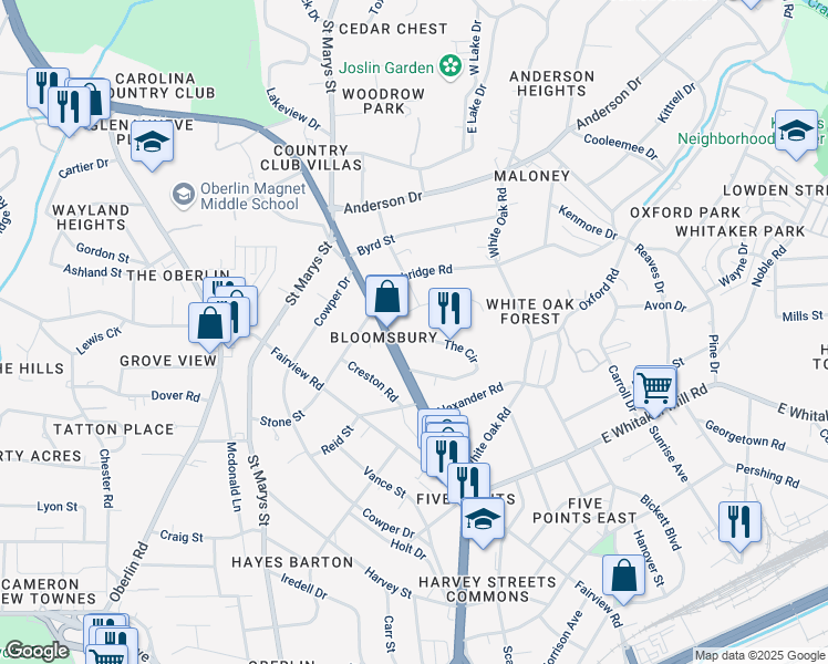 map of restaurants, bars, coffee shops, grocery stores, and more near 2270 The Circle in Raleigh