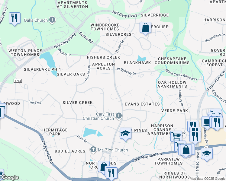 map of restaurants, bars, coffee shops, grocery stores, and more near 1133 Evans Road in Cary