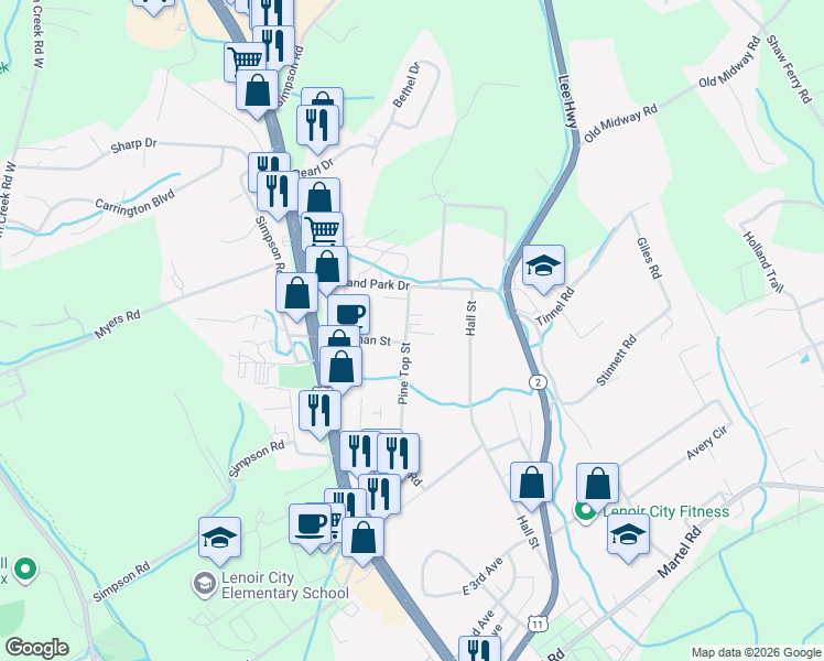 map of restaurants, bars, coffee shops, grocery stores, and more near 1303 Pine Top Road in Lenoir City