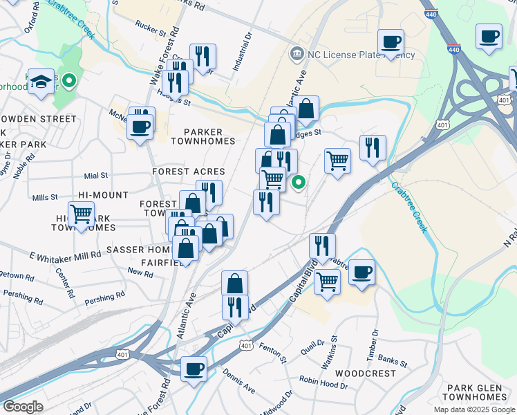map of restaurants, bars, coffee shops, grocery stores, and more near 1200 Wicker Dr in Raleigh