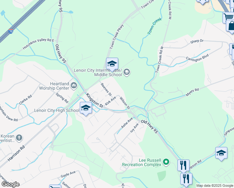 map of restaurants, bars, coffee shops, grocery stores, and more near 52 Kirk Avenue in Lenoir City