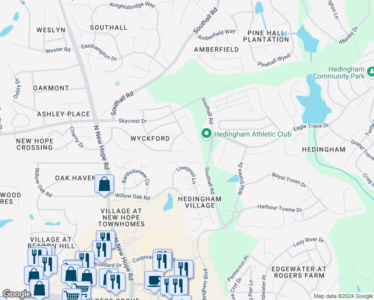 map of restaurants, bars, coffee shops, grocery stores, and more near 4728 Drewbridge Way in Raleigh