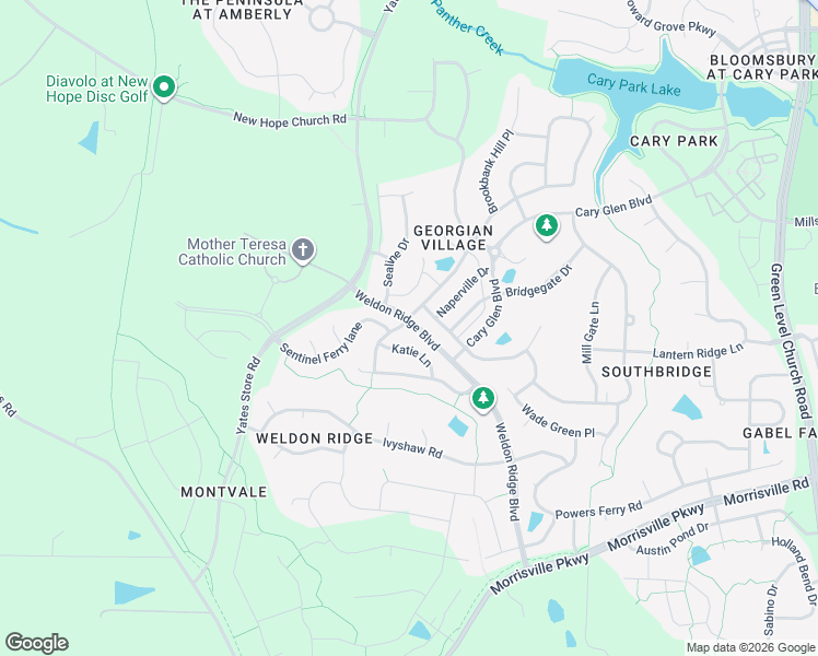 map of restaurants, bars, coffee shops, grocery stores, and more near 2003 Ollivander Drive in Cary