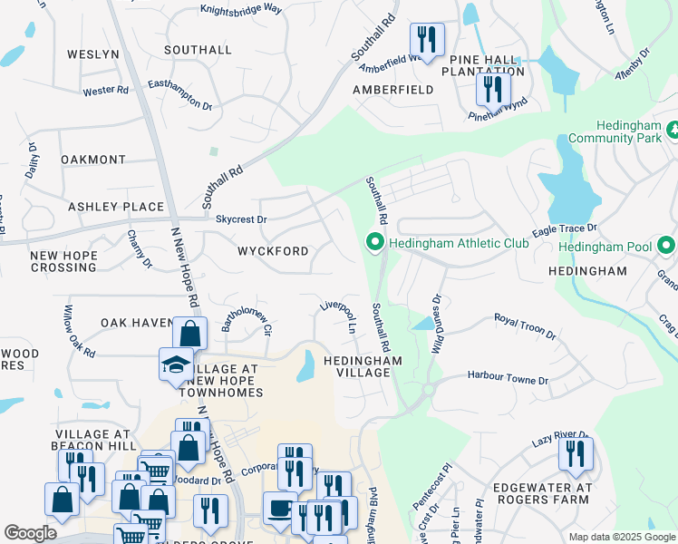 map of restaurants, bars, coffee shops, grocery stores, and more near 4728 Drewbridge Way in Raleigh