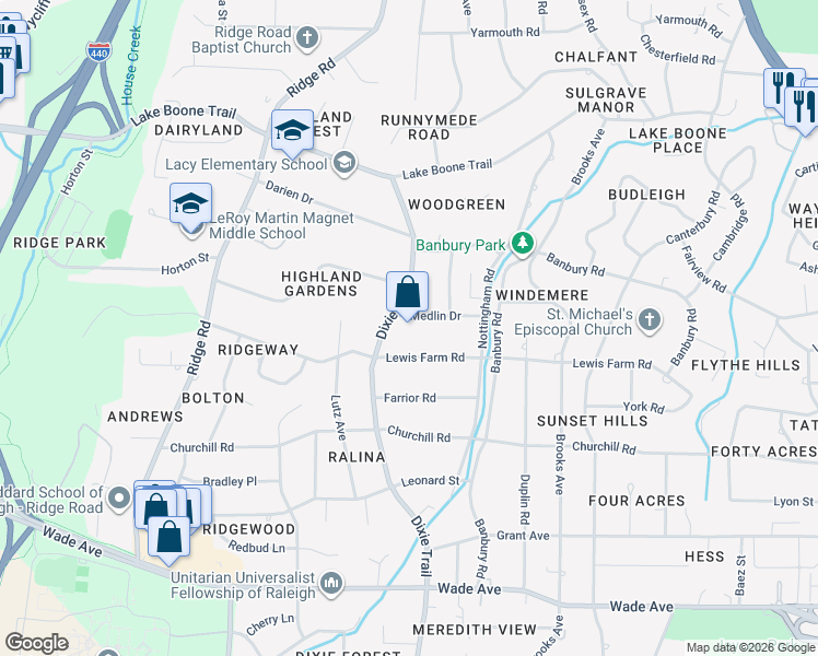 map of restaurants, bars, coffee shops, grocery stores, and more near 3059 Medlin Drive in Raleigh