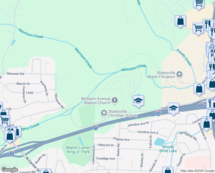 map of restaurants, bars, coffee shops, grocery stores, and more near 1610 Crown Vue Court in Statesville