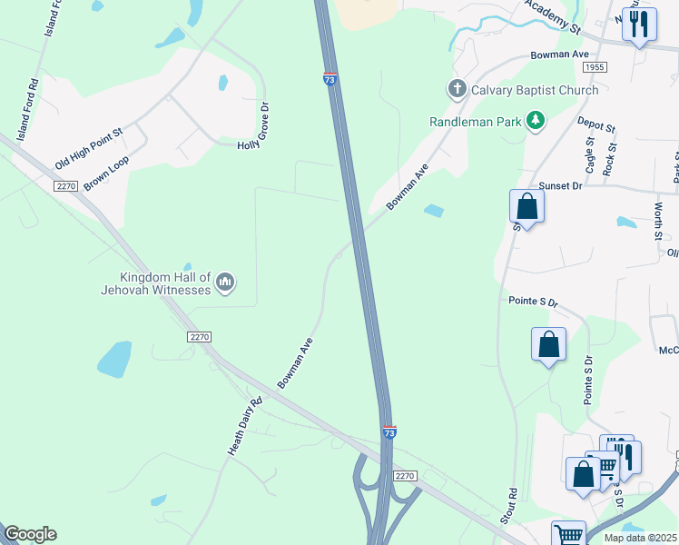 map of restaurants, bars, coffee shops, grocery stores, and more near 3996 Bowman Avenue in Randleman