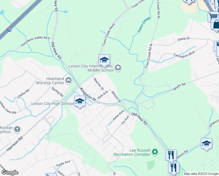 map of restaurants, bars, coffee shops, grocery stores, and more near 52 Kirk Avenue in Lenoir City