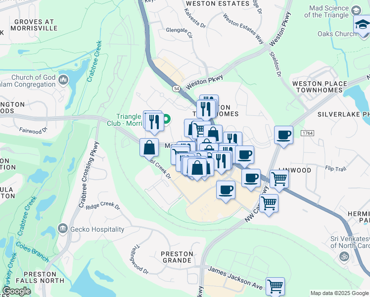 map of restaurants, bars, coffee shops, grocery stores, and more near 1005 Morrisville Parkway in Morrisville